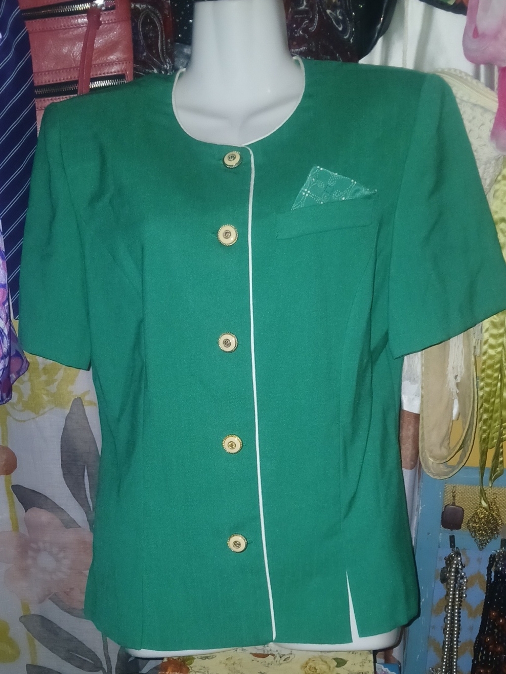 90s Vintage Leslie Fay Emerald Green Short Sleeve Blazer W/ Faux Packet Square